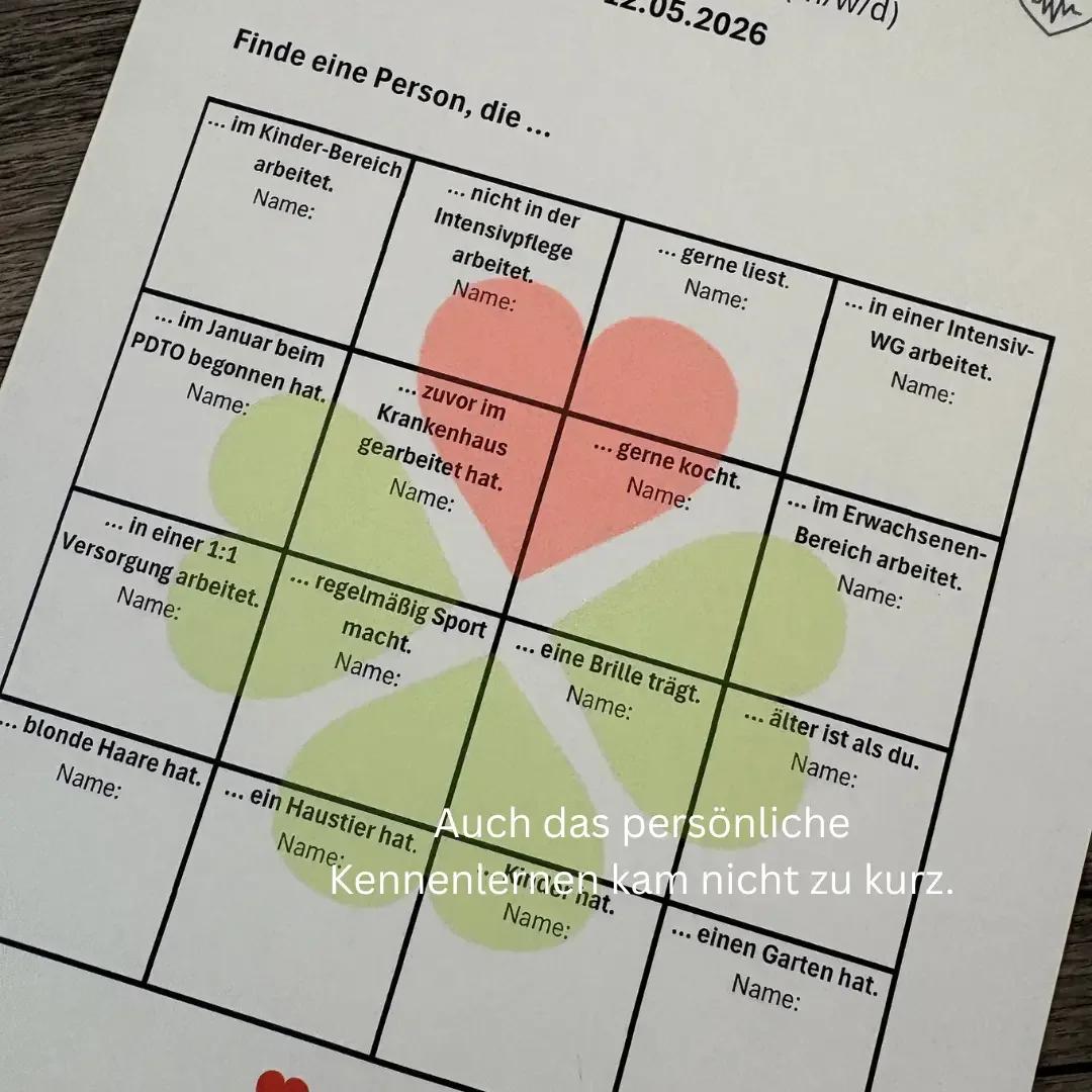 Arbeitsblatt „Finde eine Person, die …“ mit Kleeblatt-Grafik und Untertitel „Auch das persönliche Kennenlernen kam nicht zu kurz“