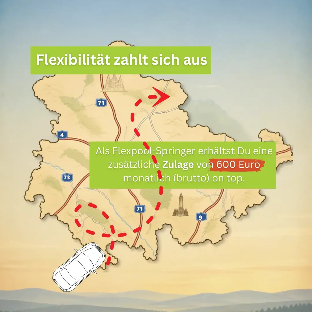 Illustrierte Thüringen-Karte mit Auto und Route, Text „Flexibilität zahlt sich aus“ und „Zulage von 600 Euro monatlich“.