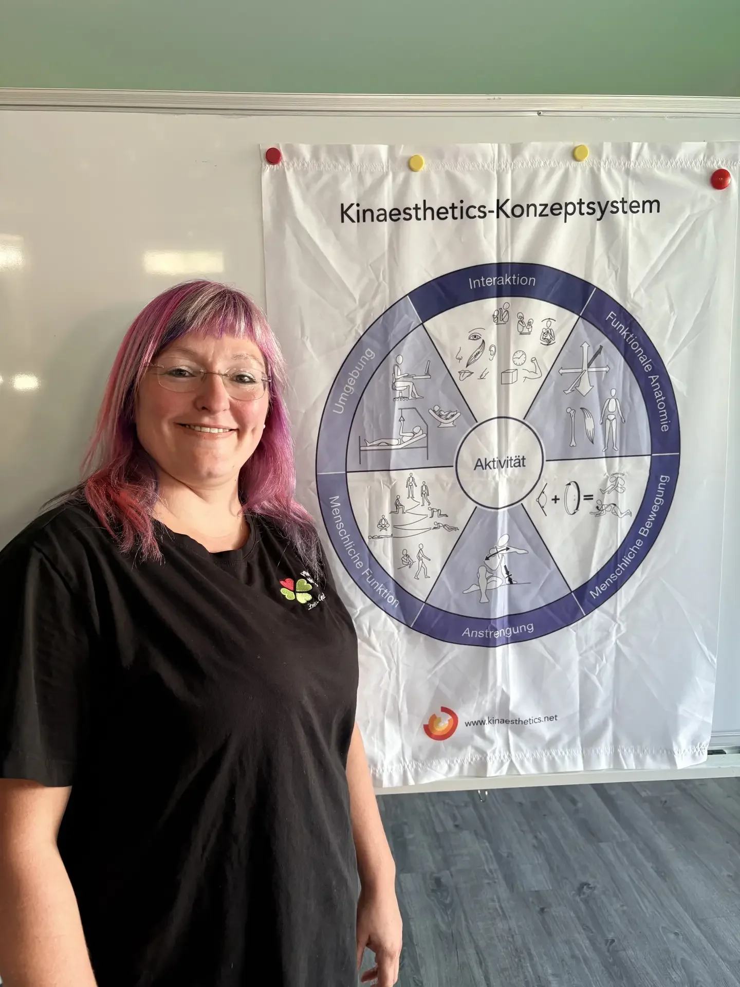 Frau mit pinken Haaren und Brille steht vor einem Plakat mit der Aufschrift „Kinaesthetics-Konzeptsystem“.