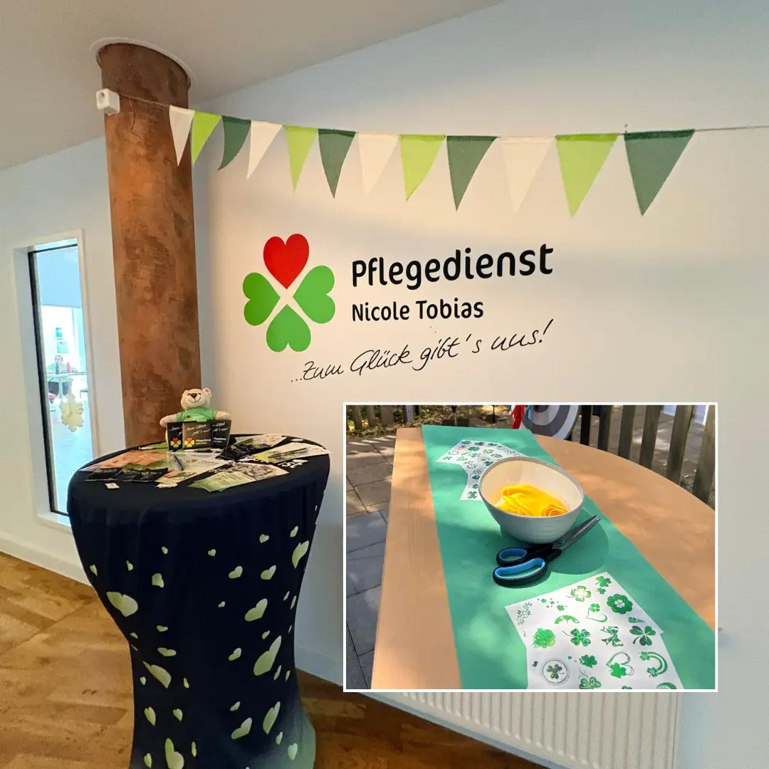 Stehtisch mit Flyern vor Wandlogo „Pflegedienst Nicole Tobias – …zum Glück gibt's uns!“, Wimpelkette und Bastelbild.