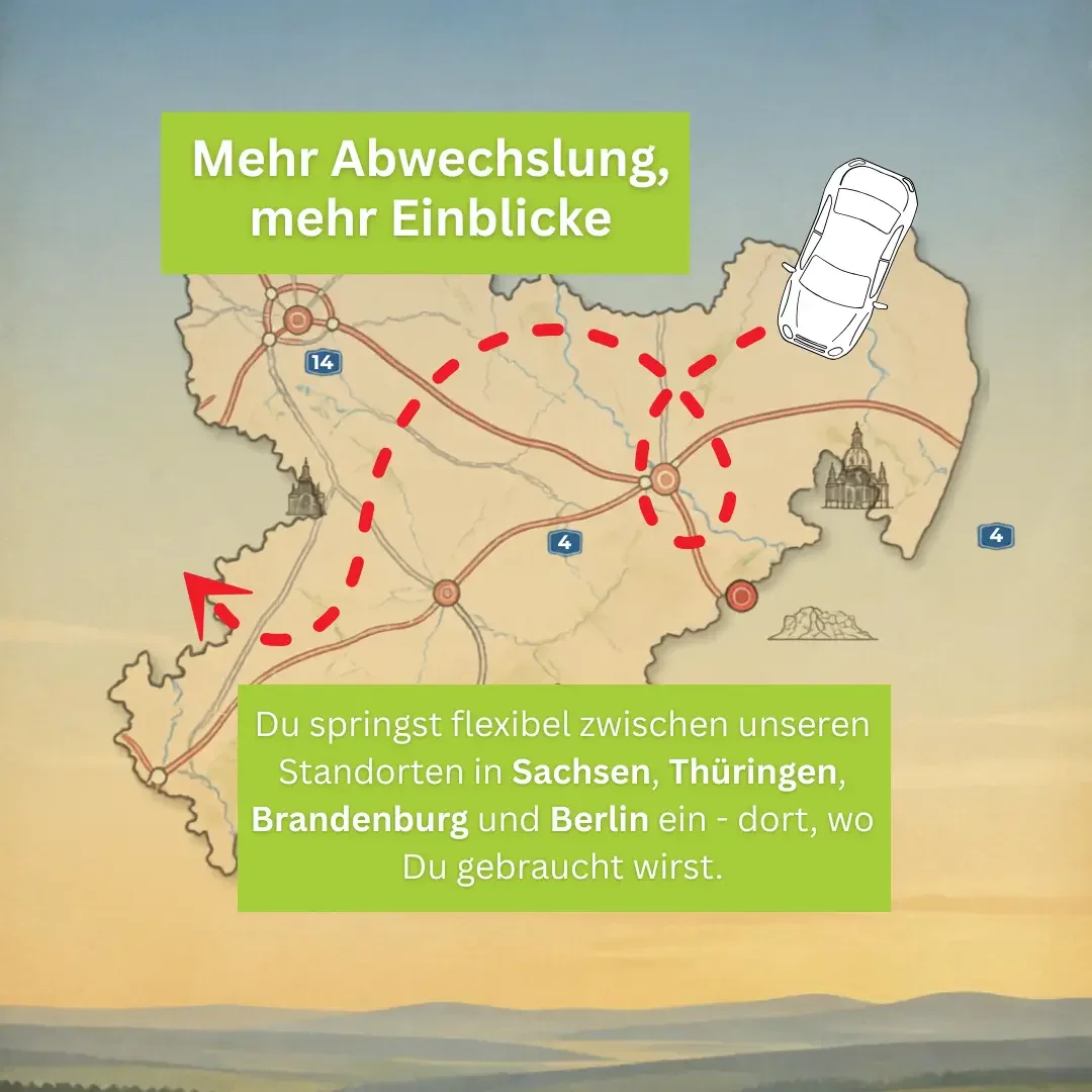 Illustrierte Sachsen-Karte mit Auto, roter Route und Text „Mehr Abwechslung, mehr Einblicke“ sowie Standort-Hinweis.