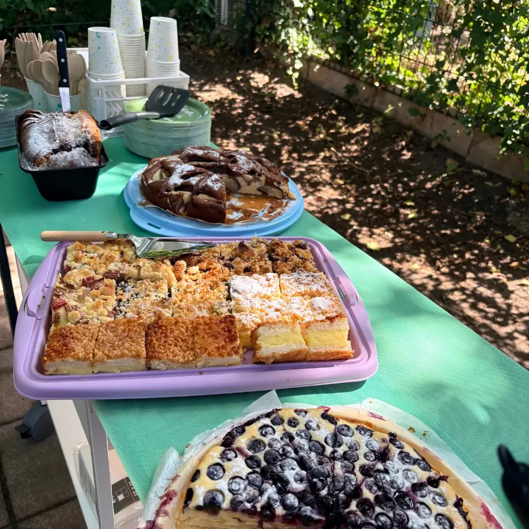 Kuchenbuffet im Freien auf grün gedecktem Tisch mit Blechkuchen, Blaubeerkuchen, Pappbechern und Besteck.
