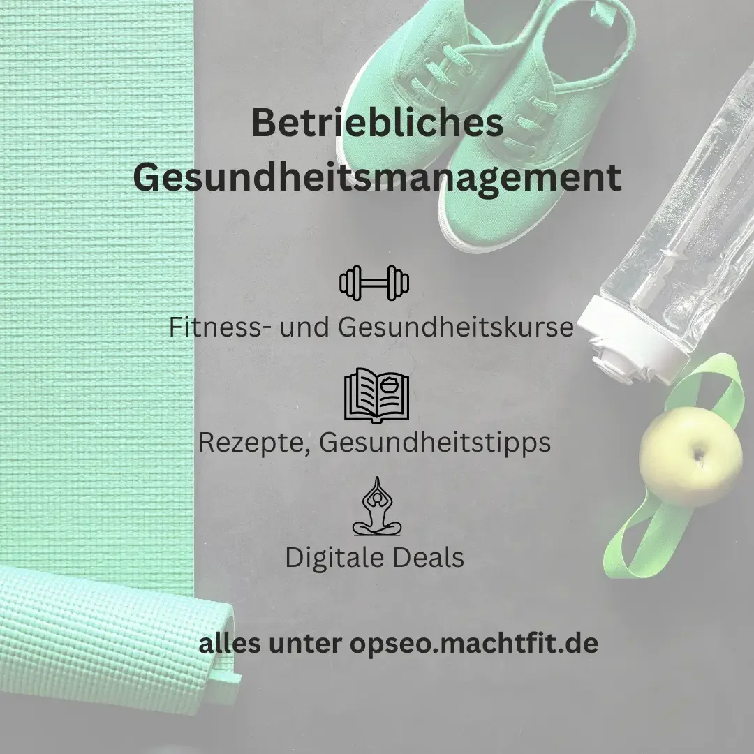 Grafik mit Yogamatte, Sneakern, Trinkflasche und Apfel und dem Text „Betriebliches Gesundheitsmanagement“.