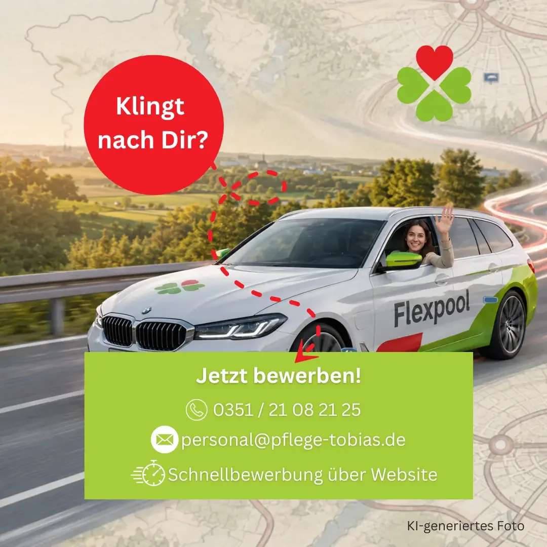 Winkende Frau in weißem Kombi mit Aufschrift „Flexpool“, dazu „Klingt nach Dir?“ und „Jetzt bewerben!“ mit Kontaktdaten.