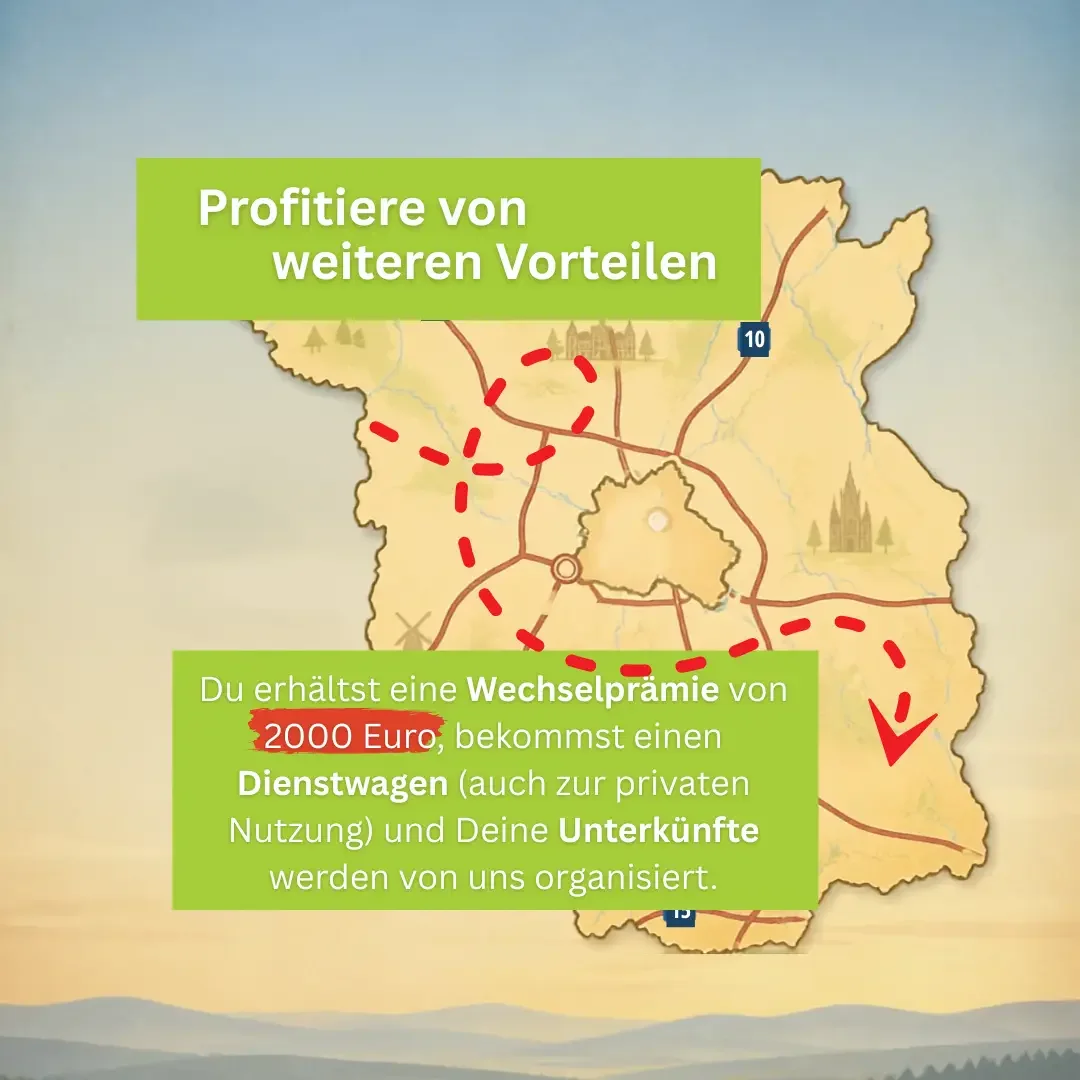 Landkarte mit roter Streckenlinie und Text „Profitiere von weiteren Vorteilen“ sowie Hinweis auf Wechselprämie 2000 Euro, Dienstwagen und Unterkünfte.