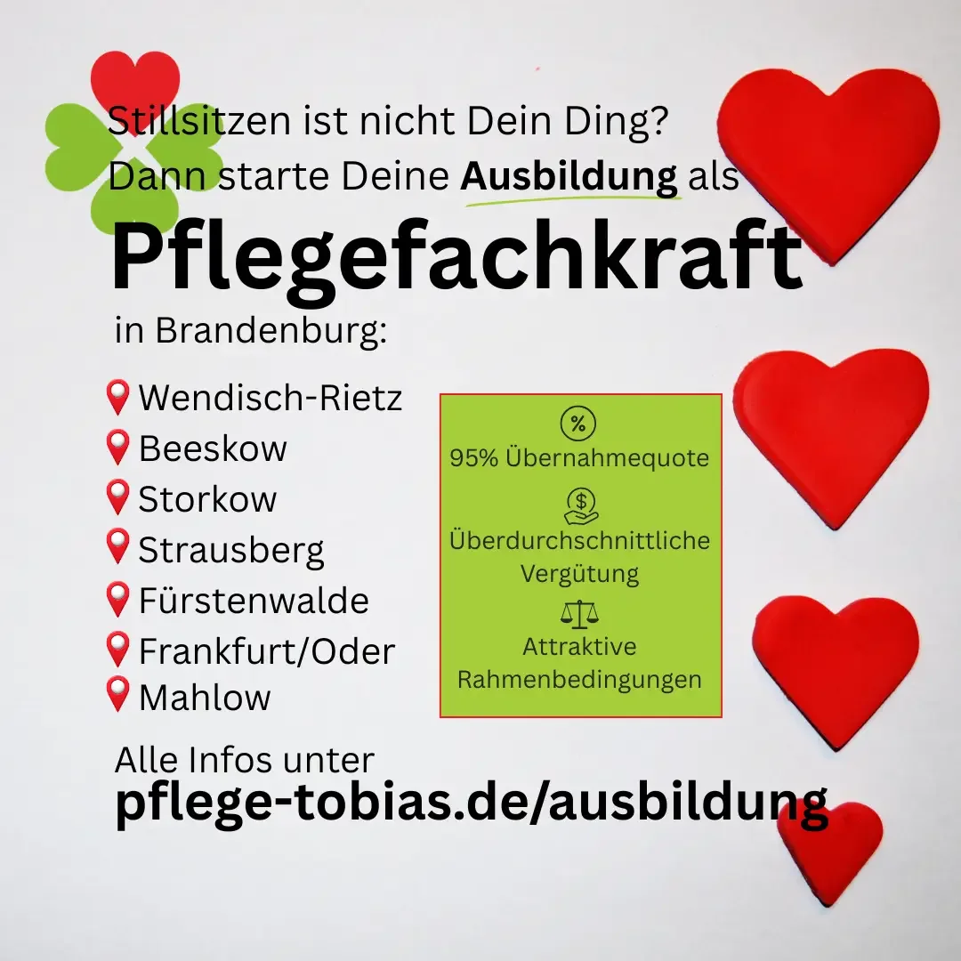 Werbegrafik mit roten Herzen und Text „Ausbildung als Pflegefachkraft in Brandenburg“ sowie pflege-tobias.de/ausbildung
