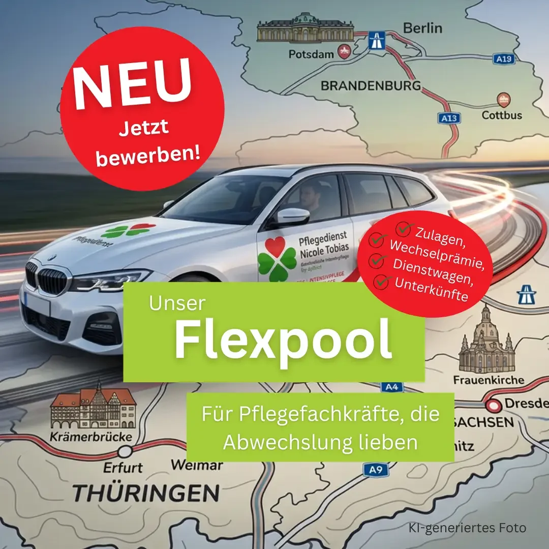 Firmenwagen auf Landkarte mit Texten „NEU Jetzt bewerben!“, „Unser Flexpool“ und „Für Pflegefachkräfte, die Abwechslung lieben“.